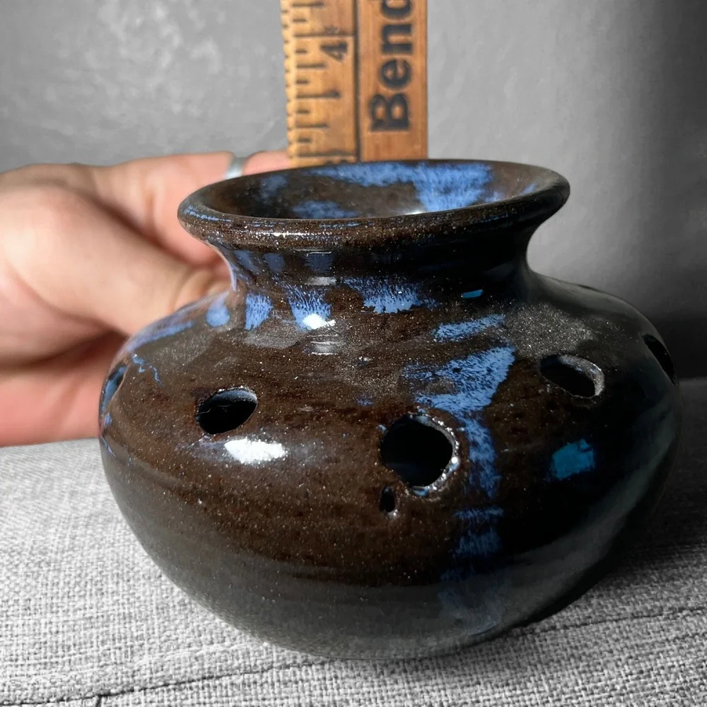 Handmade Studio Pottery Floral Frog Vase Brown Blue Glaze Signed Small Round USA